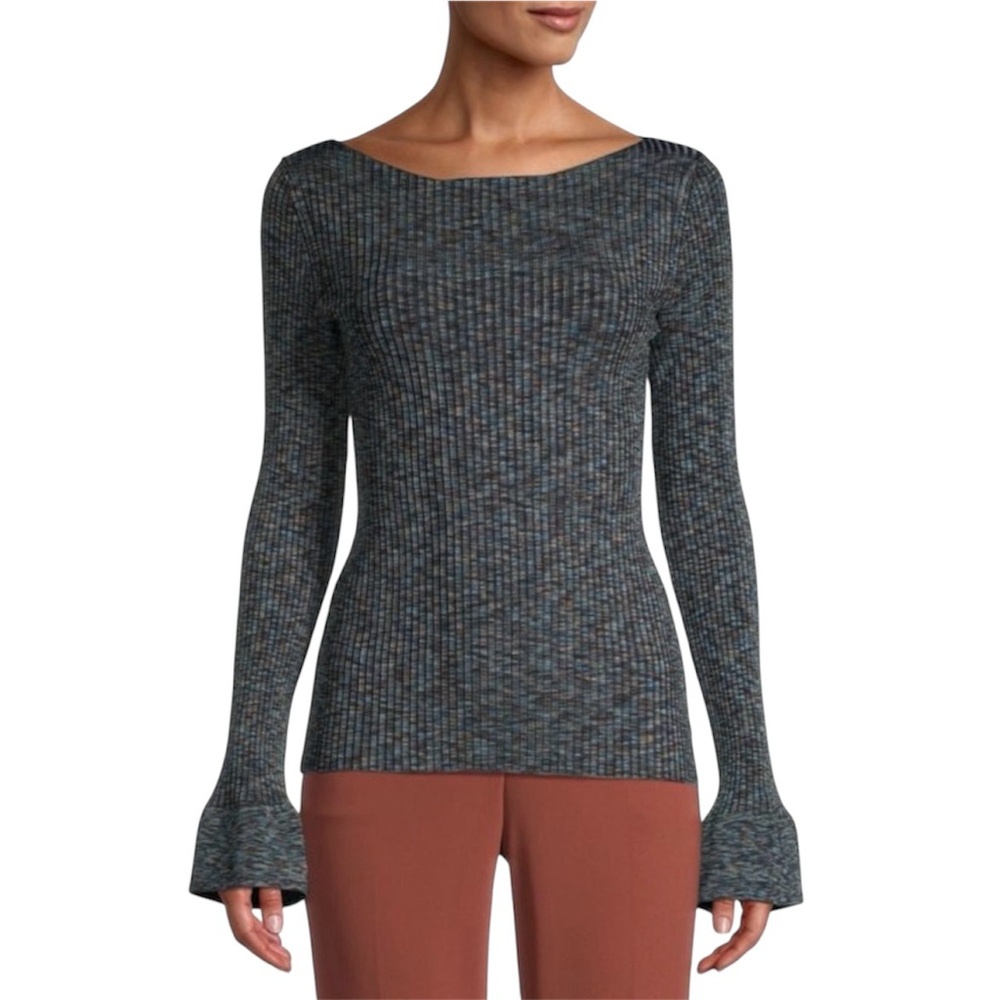 Theory Cabled Print Rib Boat Neck Top Size Petite